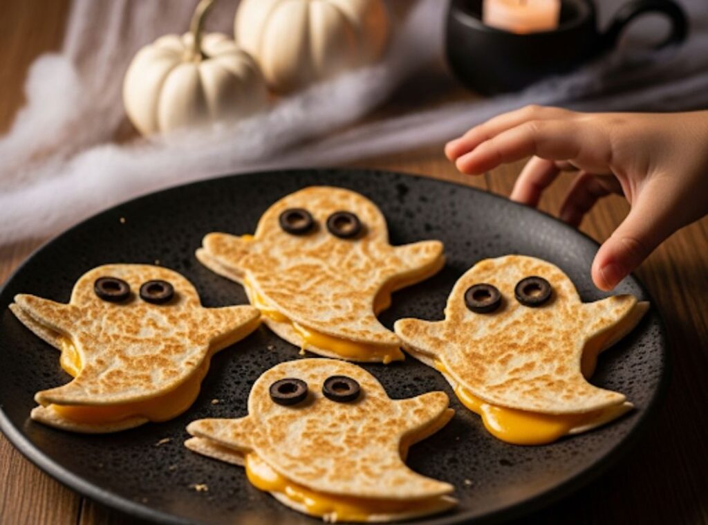 Auf diesem Bild siehst du Halloween Quesadillas in Form kleiner Geister, gefüllt mit Käse und dekoriert mit Oliven als Augen. Eine kinderfreundliche, schnelle und zuckerfreie Snackidee für Halloween.