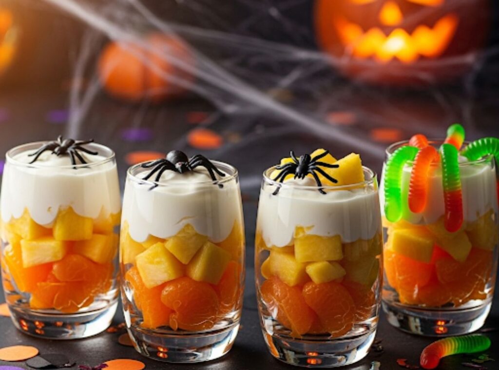 Auf diesem Bild siehst du Candy-Corn-Fruchtbecher mit Schichten aus Mandarinen, Ananas und Joghurt, dekoriert mit Gummiwürmern und Spinnen. Eine gesunde, kreative und zuckerfreie Halloween Snackidee für Kinder.