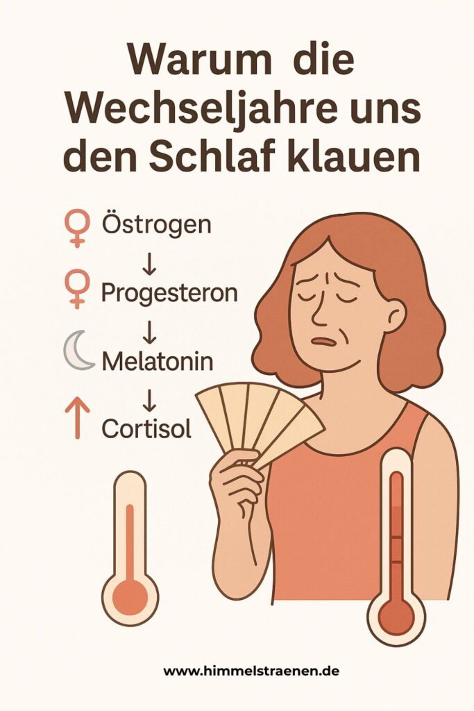 Artikel Wechseljahre Bild 2 Auf diesem Bild siehst du eine Infografik über Schlafprobleme in den Wechseljahren: sinkendes Östrogen, Progesteron und Melatonin sowie steigendes Cortisol führen zu Hitzewallungen und Schlafstörungen.“