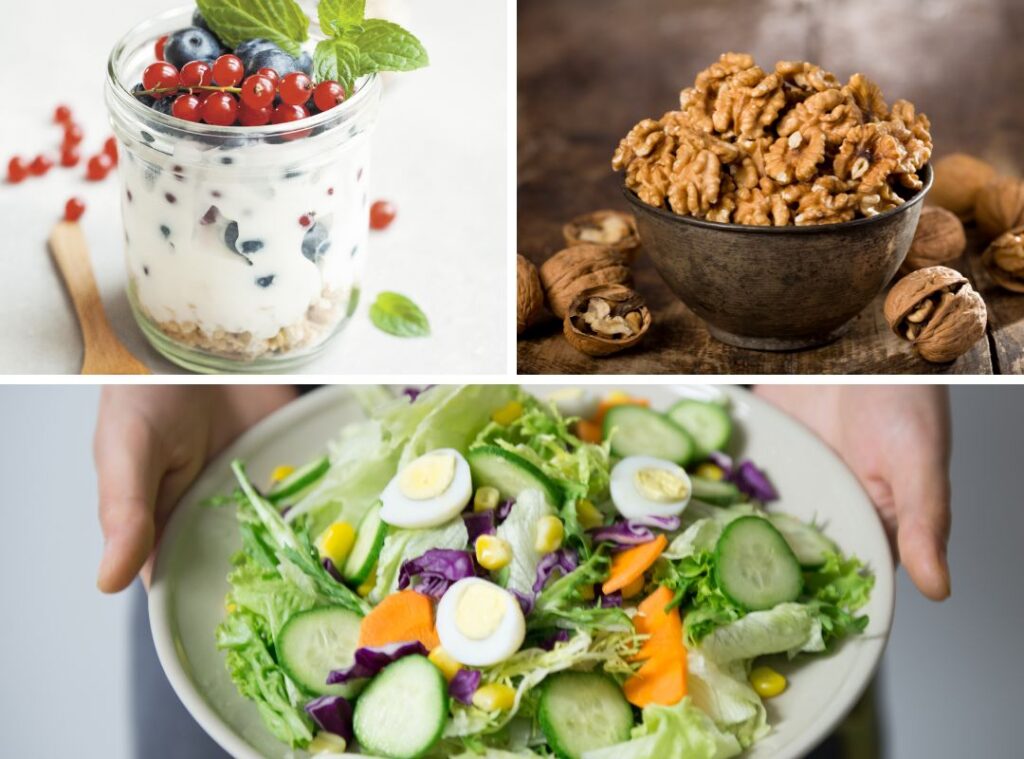 Artikel Wechseljahre Bild 3 Auf diesem Bild siehst du gesunde Abendmahlzeiten: ein Glas Joghurt mit Beeren und Haferflocken, eine Schale Walnüsse und einen frischen Salatteller – leichte Ernährung für besseren Schlaf in den Wechseljahren.