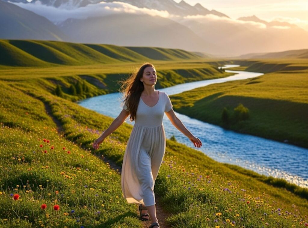 Entspannte Frau ab 40 beim Spaziergang in der Natur, inmitten blühender Sommerwiesen, symbolisiert einen gesunden Lebensstil für mehr Energie und Wohlbefinden.