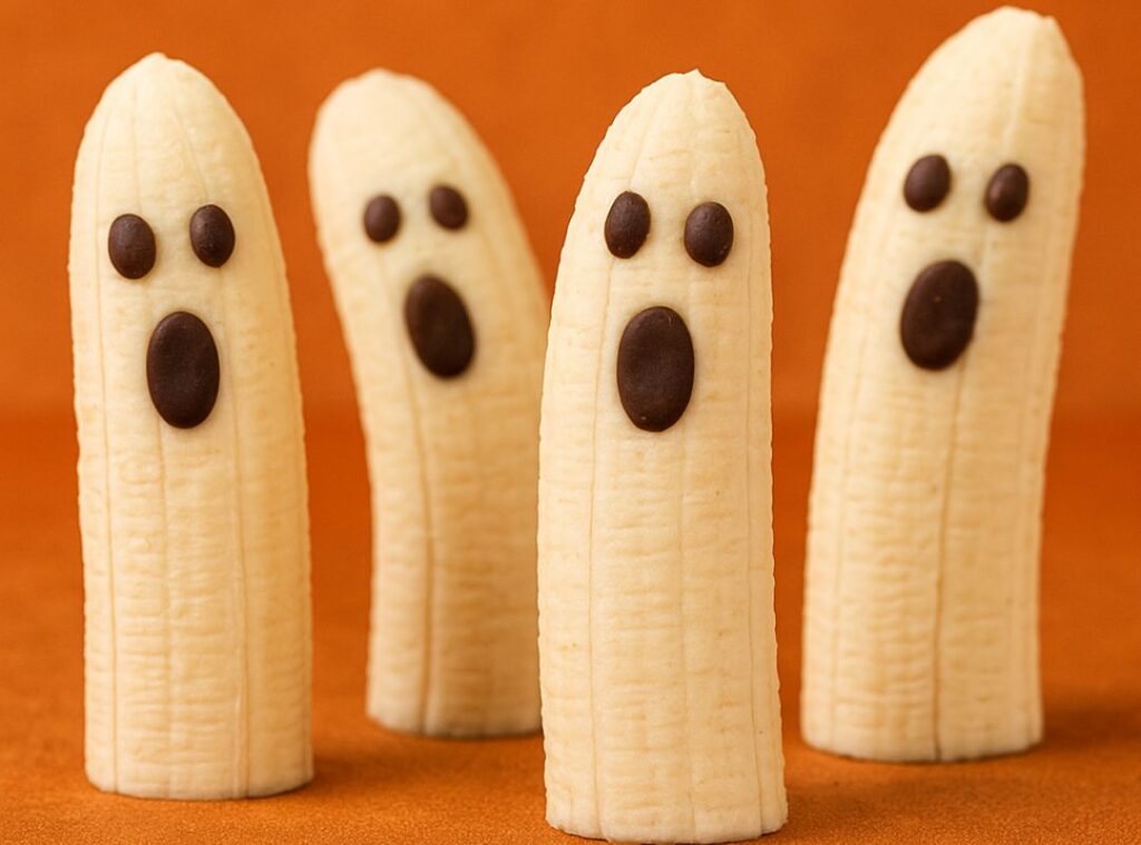 Auf diesem Bild siehst du vier Bananen, die als gruselige Halloween-Geister dekoriert sind. Die Bananen sind halbiert, stehen aufrecht und haben Augen und einen Mund aus dunklen Schokodrops.