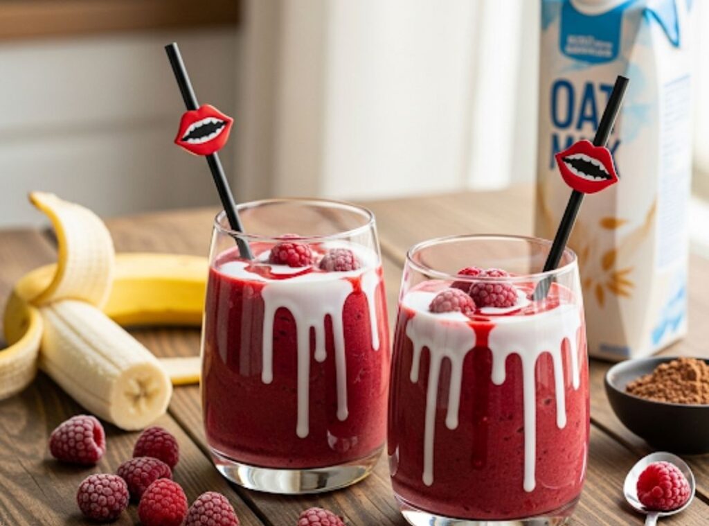 Zwei Gläser blutroter Himbeer-Bananen-Smoothie mit Kokosmilch-Tropfen und Vampir-Strohhalmen auf Holztisch mit Zutaten – perfekt für Halloween oder gesunden Genuss. Homemade Rezept.