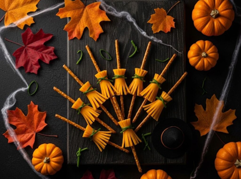 Auf diesem Bild siehst du kreative Halloween Snacks in Form von kleinen Hexenbesen. Die Snacks bestehen aus Käsestreifen und Salzstangen und sind eine gesunde, kinderfreundliche und zuckerfreie Idee für jede Halloween-Party.