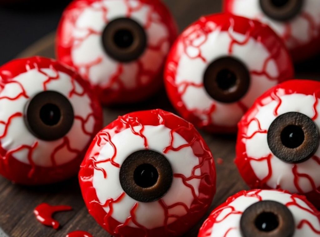 Auf diesem Bild siehst du gruselige Halloween Snacks in Form von essbaren Augen. Die roten „Augäpfel“ bestehen aus Käse, Oliven und Lebensmittelfarbe – eine kreative, kinderfreundliche und zuckerfreie Snackidee für Halloween.