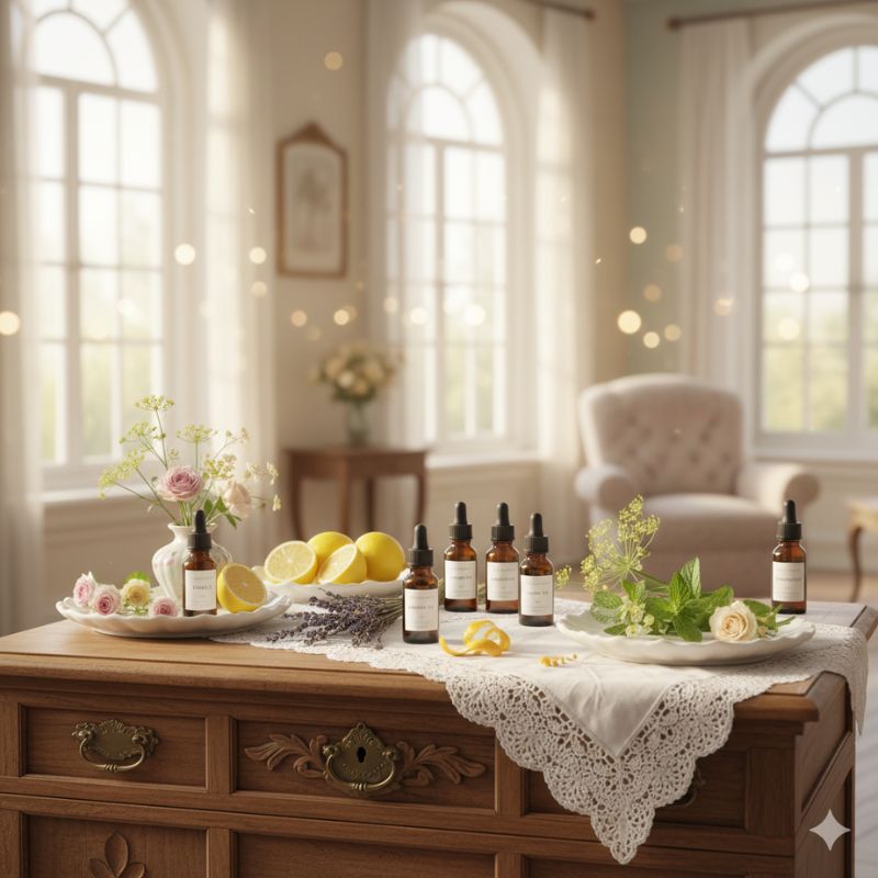 Stillleben auf einer Holzkommode mit Zitronenhälften, Blüten, Kräutern und mehreren Fläschchen ätherischer Öle – Symbolbild für natürliche Darmgesundheit, Frische und Aromatherapie.