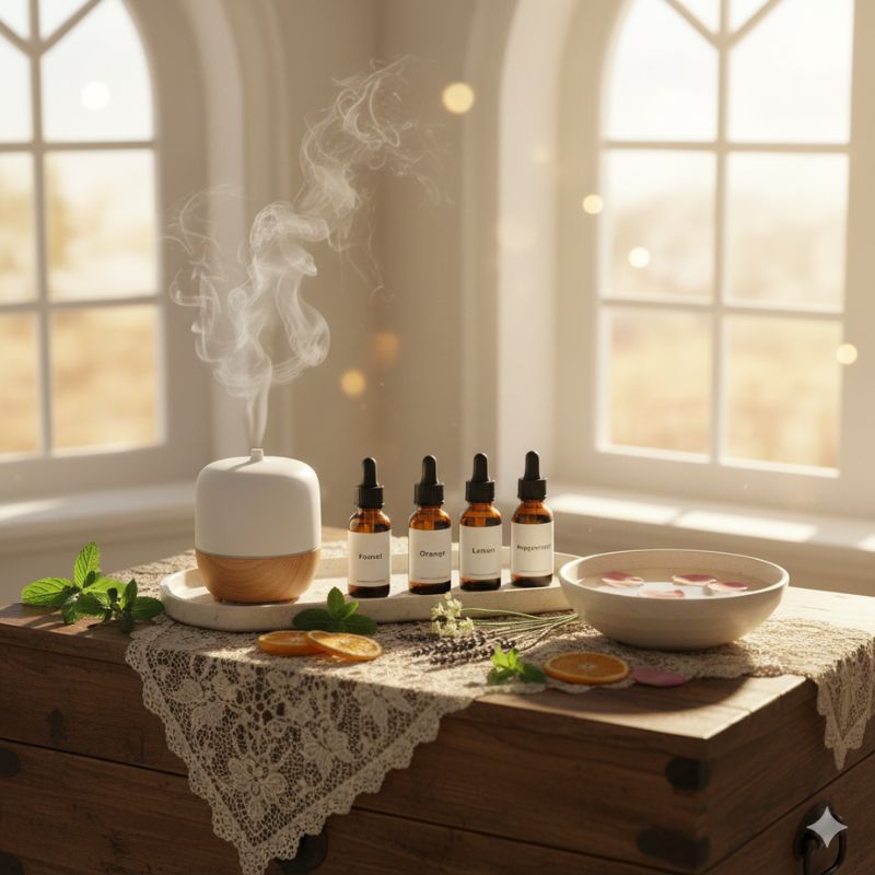 Diffuser mit aufsteigendem Dampf neben Fläschchen mit ätherischen Ölen (Fenchel, Orange, Zitrone, Pfefferminze) auf einer Holzkommode mit Spitze – Symbol für Aromatherapie und Darmgesundheit.
