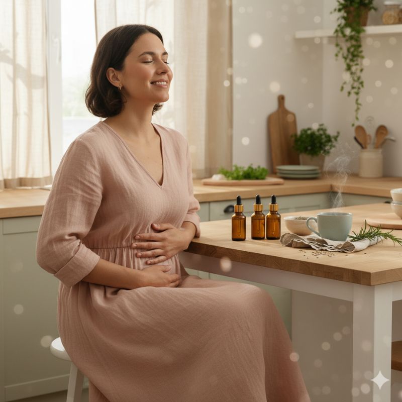 Frau in rosa Kleid sitzt entspannt in der Küche mit Händen auf dem Bauch, vor ihr drei Fläschchen ätherisches Öl, eine dampfende Teetasse und Kräuter – Symbol für Darmgesundheit und ätherische Öle in den Wechseljahren.