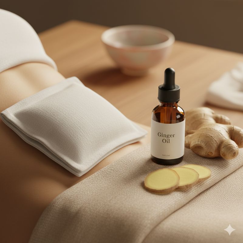 Bauch mit aufgelegter Kompresse, daneben eine Flasche Ingweröl, frische Ingwerscheiben und Ingwerwurzel – Symbol für Ingweröl als wärmende Unterstützung bei Verdauungsbeschwerden.