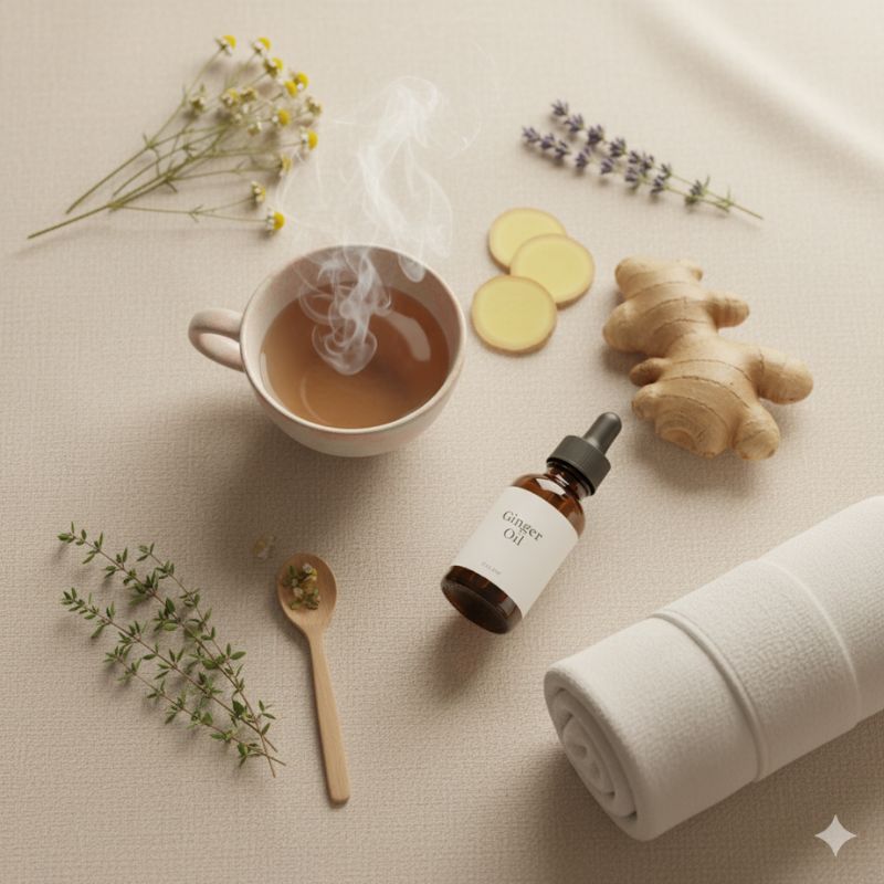 Stillleben mit Ingweröl-Flasche, dampfender Teetasse, frischen Ingwerscheiben, Kräutern (Kamille, Lavendel, Thymian) und zusammengerolltem Handtuch – Symbol für Entspannung, Wärme und Darmgesundheit.