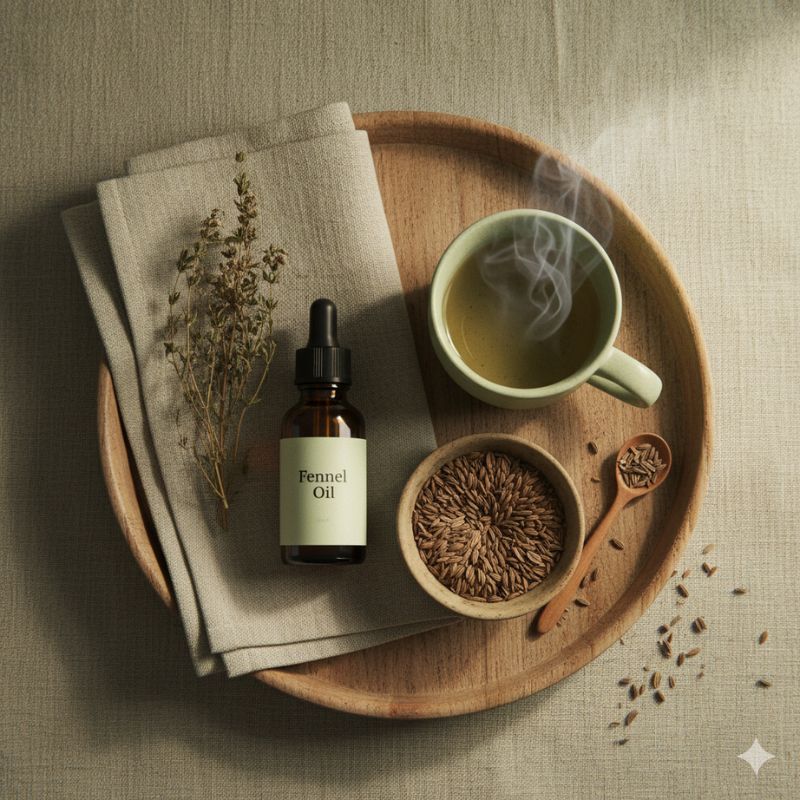 Stillleben mit Fenchelöl-Flasche, Schale mit Fenchelsamen, Holzlöffel, dampfender Teetasse und getrockneten Kräutern auf einem Holztablett – Symbolbild für Fenchelöl und natürliche Darmgesundheit.