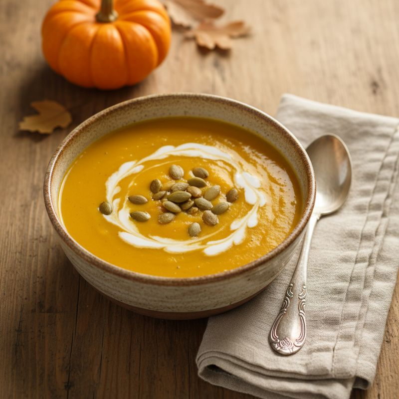 Cremige Kürbissuppe mit Ingwer und Kokosmilch, garniert mit Kürbiskernen und Kokoscreme, serviert in einer rustikalen Schale auf Holztisch – herbstliches Rezept