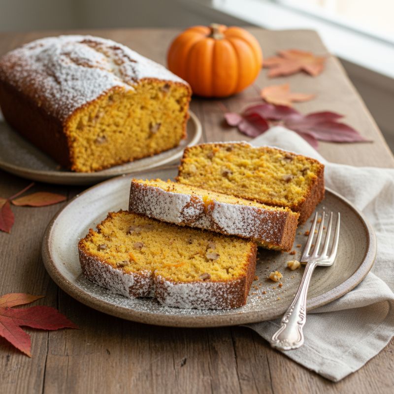 Saftiger Kürbiskuchen mit Nüssen und Puderzucker, in Scheiben geschnitten und auf rustikalem Teller serviert – einfaches herbstliches Kuchenrezept