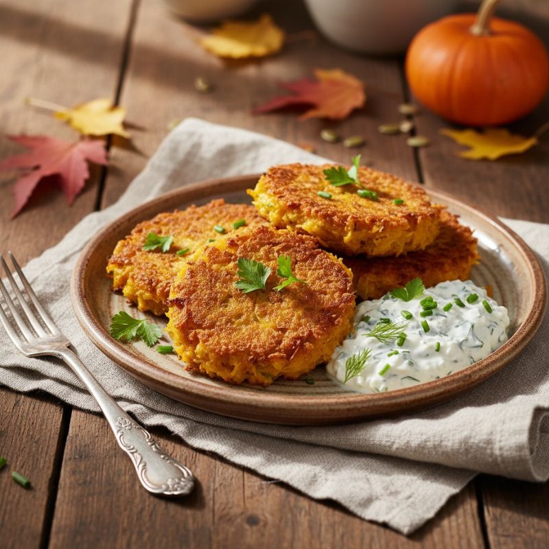 Knusprige Kürbis-Puffer aus Hokkaido mit frischem Kräuterquark, serviert auf rustikalem Teller mit Petersilie – einfaches Herbstrezept für die ganze Familie