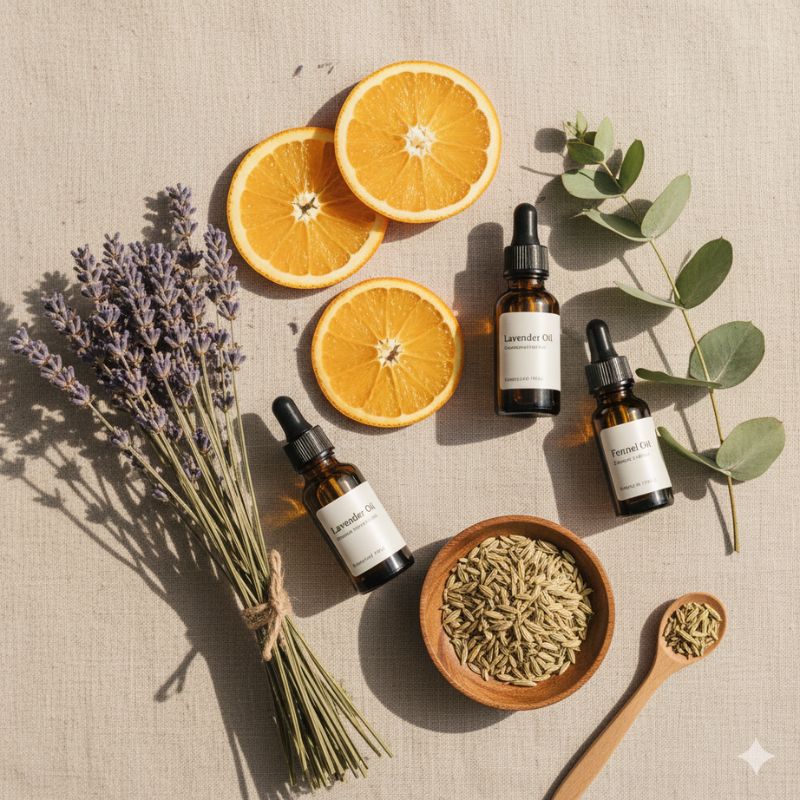Flatlay mit Lavendelzweigen, Orangenscheiben, Eukalyptusblättern, Schale mit Fenchelsamen und braunen Glasfläschchen mit ätherischen Ölen – Symbol für natürliche Darmgesundheit und Aromatherapie.