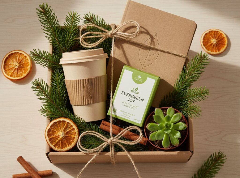 Auf diesem Bild siehst du ein nachhaltiges Weihnachtsgeschenk-Set für Kollegen mit Mehrwegbecher, Notizbuch aus Recyclingpapier, Tee, kleiner Pflanze und weihnachtlicher Deko.