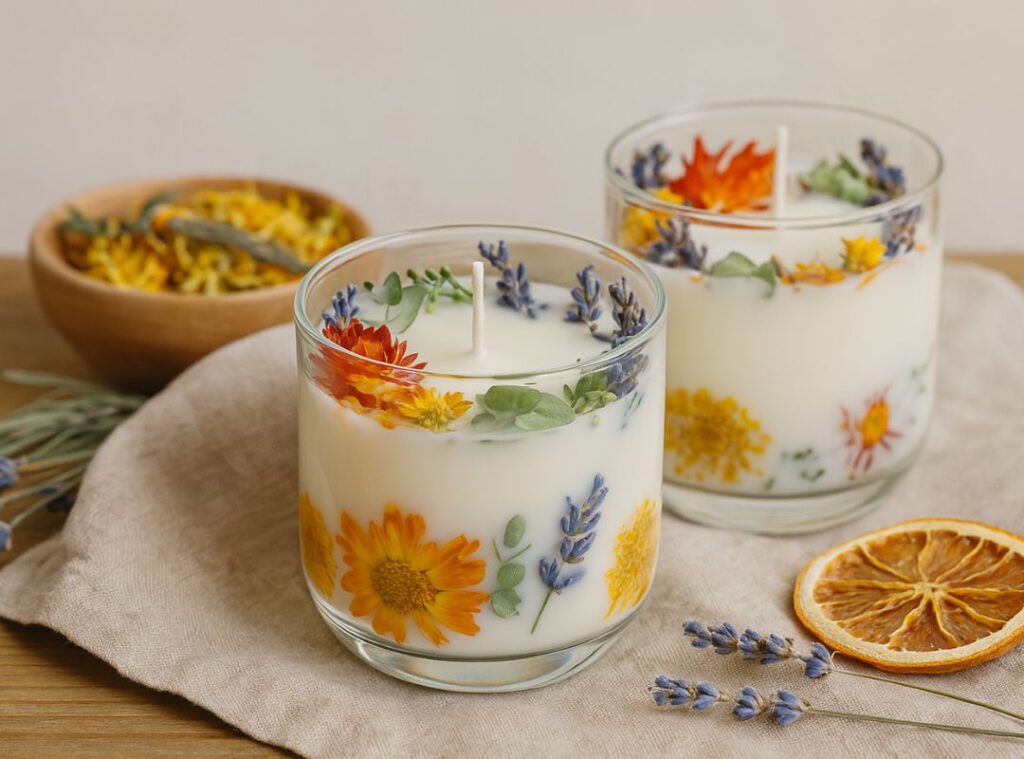 „Handgemachte Kerzen im Glas mit getrockneten Blüten und Lavendelzweigen, dekorativ verziert für ein natürliches und stilvolles DIY-Geschenk Handgemachte Kerzen im Glas mit getrockneten Blüten und Lavendelzweigen, dekorativ verziert für ein natürliches und stilvolles DIY-Geschenk machen