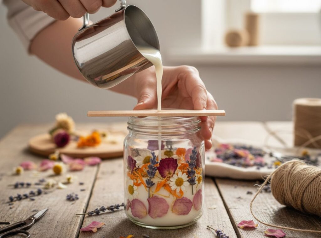 DIY Kerze im Glas gießen – Mit Blüten & Kräutern kreativ gestalten Herstellung einer DIY-Blütenkerze im Glas: Flüssiges Wachs wird in ein dekoriertes Glas mit getrockneten Blüten wie Rosen, Kamille, Lavendel und Ringelblume gegossen.