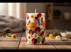 Handgemachte Stumpenkerze mit eingearbeiteten getrockneten Blüten wie Rosen, Lavendel, Ringelblumen und Kamille – dekorativ und natürlich