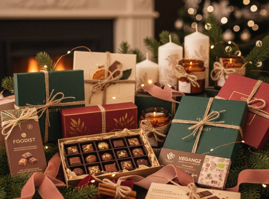 Auf diesem Bild siehst du weihnachtlich verpackte Pralinen, Schokolade und Geschenkboxen – klassische Weihnachtsgeschenke für Kollegen im Büro oder Homeoffice.