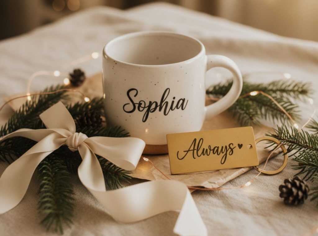 Auf diesem Bild siehst du eine personalisierte Tasse mit dem Namen „Sophia“ und einen gravierten Schlüsselanhänger mit der Aufschrift „Always“ – ideale personalisierte Weihnachtsgeschenke für Kollegen.