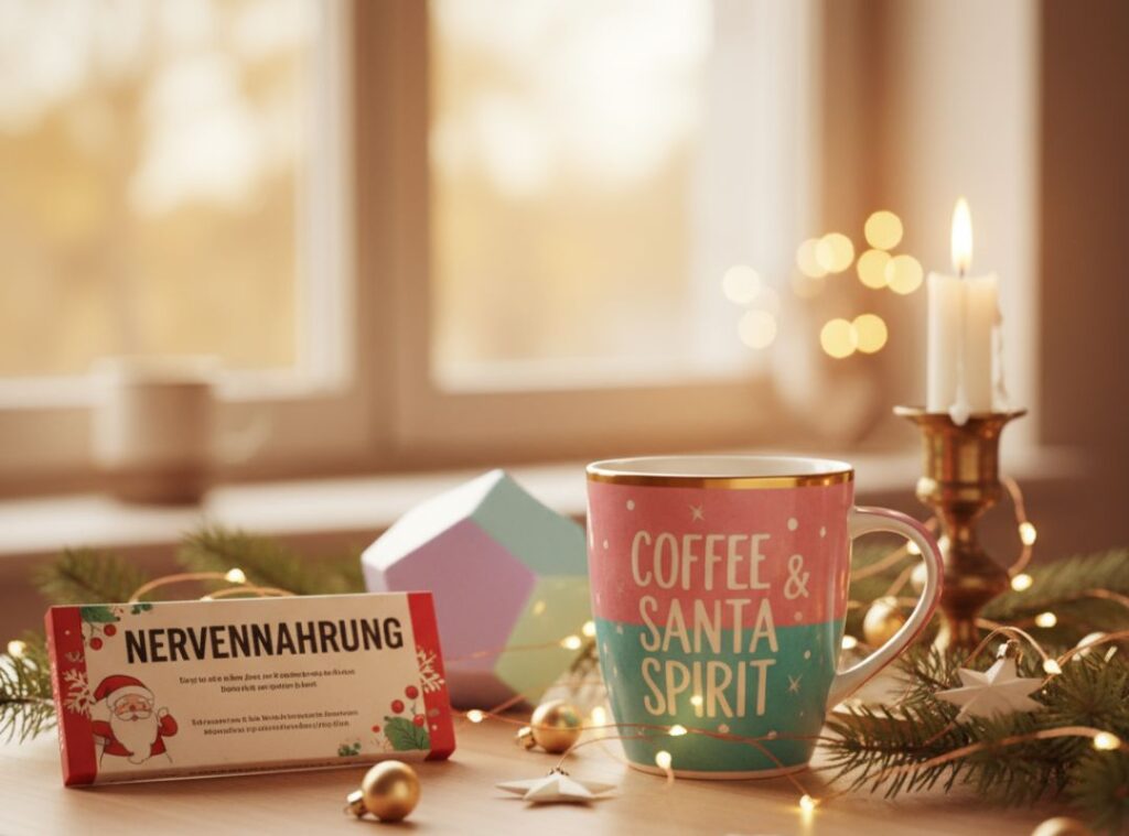 Auf diesem Bild siehst du eine weihnachtliche Szene mit einer Tasse „Coffee & Santa Spirit“ und einer Schokolade mit der Aufschrift „Nervennahrung“ – ideale Geschenkideen für Kollegen zu Weihnachten.