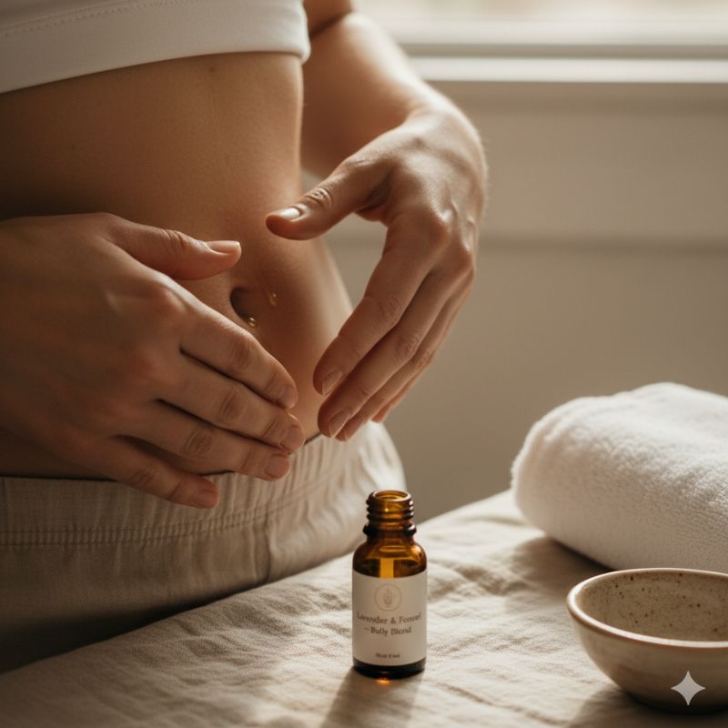 Frau massiert ihren Bauch sanft mit ätherischem Öl – natürliche Unterstützung für die Darmgesundheit in den Wechseljahren.