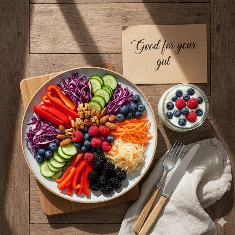 Bunter Teller mit Gemüse, Beeren, Nüssen und Sauerkraut – darmfreundliche Ernährung für die Wechseljahre