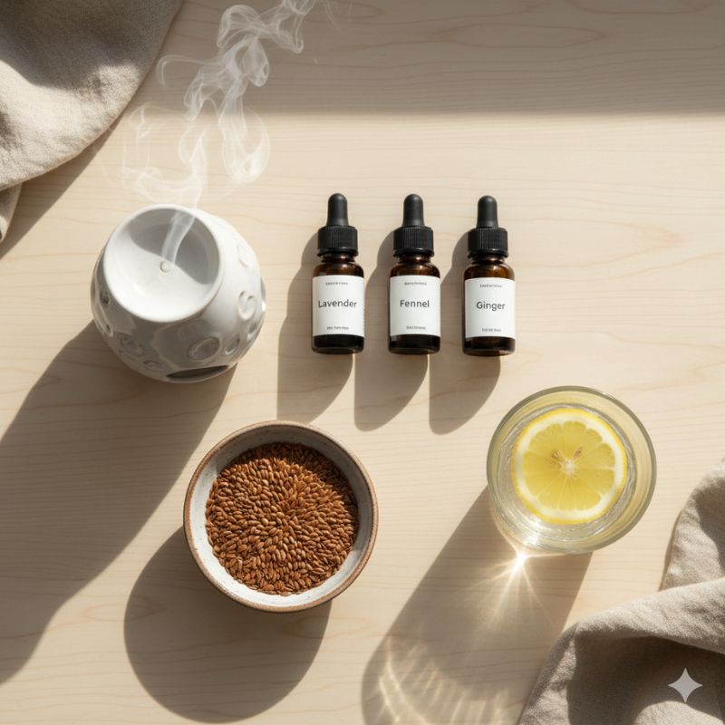 Ätherische Öle Lavendel, Fenchel und Ingwer mit Diffuser, Leinsamen und Zitronenwasser – natürliche Unterstützung für die Darmgesundheit in den Wechseljahren.