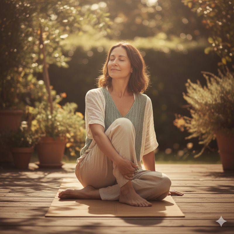 Frau in den Wechseljahren macht Yoga im Garten – Entspannung und Bewegung für die Darmgesundheit.