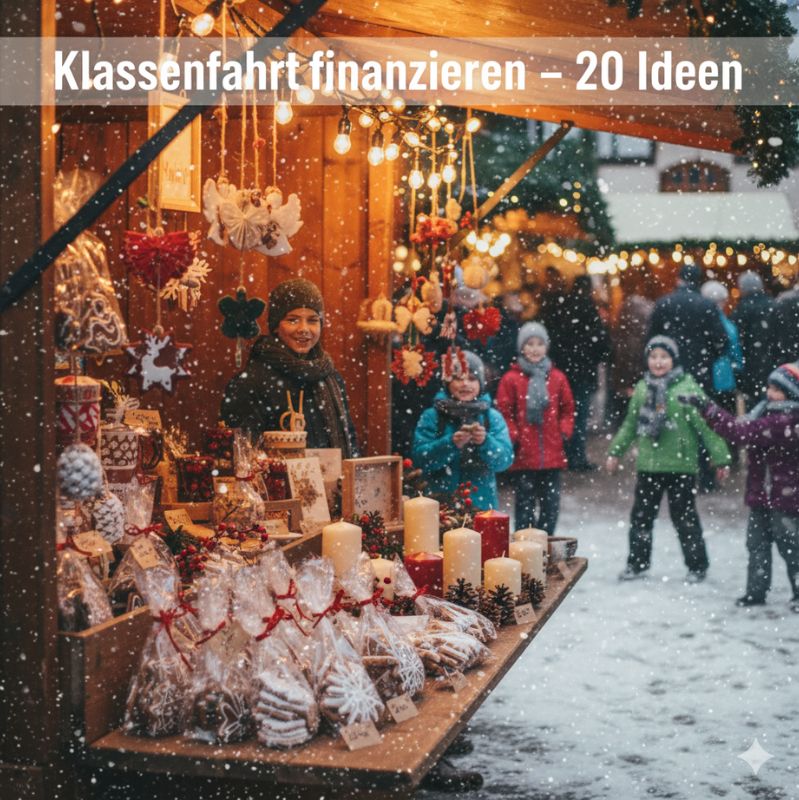 Weihnachtsmarkt-Stand mit Plätzchen, Kerzen und Deko – Kinder verkaufen Selbstgemachtes, um Geld für die Klassenfahrt zu sammeln.