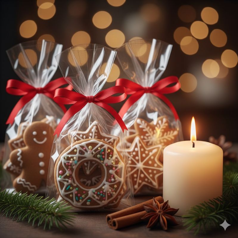 Hübsch verpackte Lebkuchen mit roten Schleifen neben Kerze, Tannenzweigen und Zimt – Weihnachtsplätzchen als Idee zur Klassenkassen-Finanzierung.