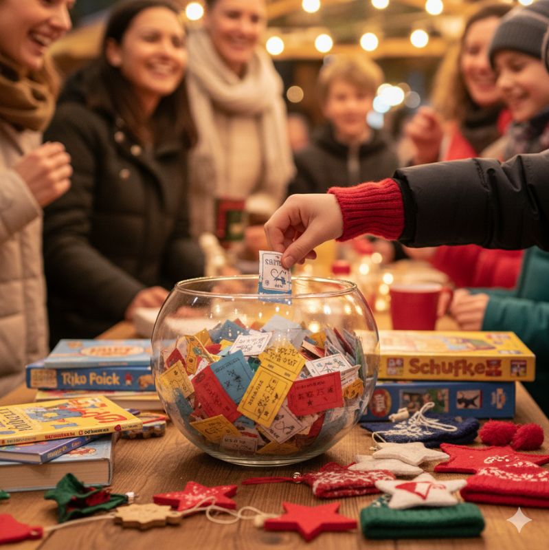 Kinderhand zieht ein Los aus einer großen Glasschale voller bunter Zettel bei einer Tombola. Im Hintergrund freuen sich Eltern und Schüler