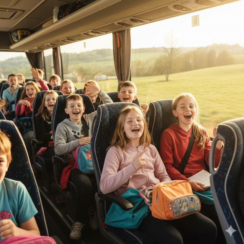 Fröhliche Kinder sitzen im Bus, lachen, winken und freuen sich auf die Klassenfahrt.
