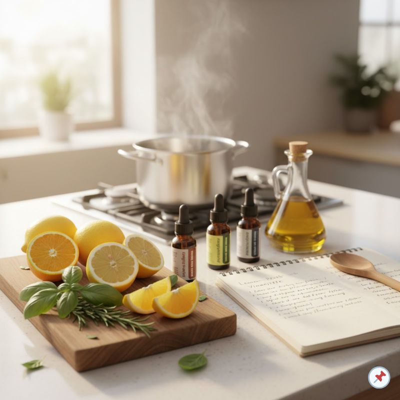 Natürliche Küche mit Zitronen, Basilikum, Rosmarin und ätherischen Ölen auf einem Schneidebrett – Kochen mit ätherischen Ölen in Lebensmittelqualität.