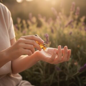 Auf dem Bild trägt eine Frau draußen in der Natur ein Roll-on mit ätherischem Öl auf ihre Hand auf. Warmes Sonnenlicht und Lavendelpflanzen im Hintergrund sorgen für eine beruhigende Atmosphäre.