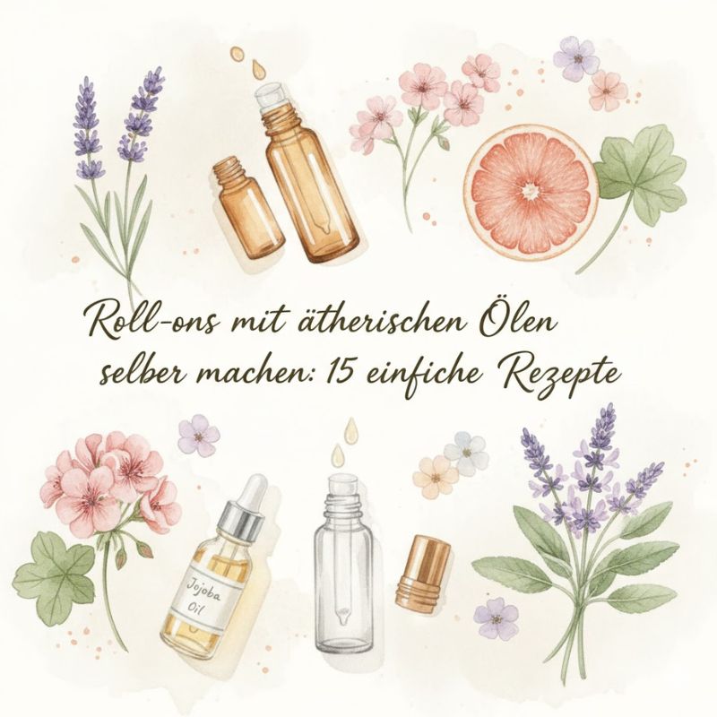 Watercolor-Illustration von Roll-on-Fläschchen, ätherischen Ölen, Grapefruit, Lavendel, Geranie und Jojobaöl. In der Mitte steht der Titel „Roll-ons mit ätherischen Ölen selber machen: 15 einfache Rezepte“.