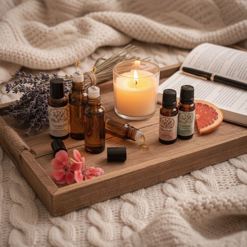 Fläschchen mit ätherischen Ölen, Roll-ons und Lavendel auf einem Holztablett, umgeben von Kerze, Buch und Strickdecke – eine gemütliche Szene für Aromatherapie und DIY Roll-ons.