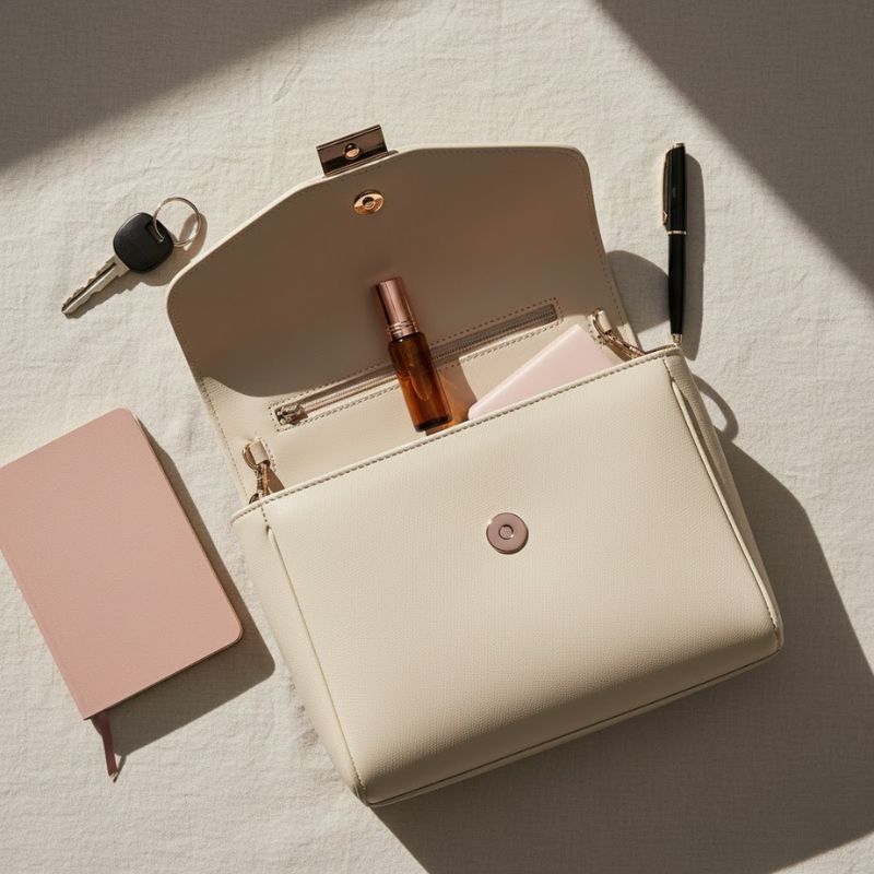 Offene cremefarbene Handtasche mit einem Roll-on-Fläschchen, einem Notizbuch, Schlüsseln und einem Stift – eine moderne Alltagsszene für unterwegs.