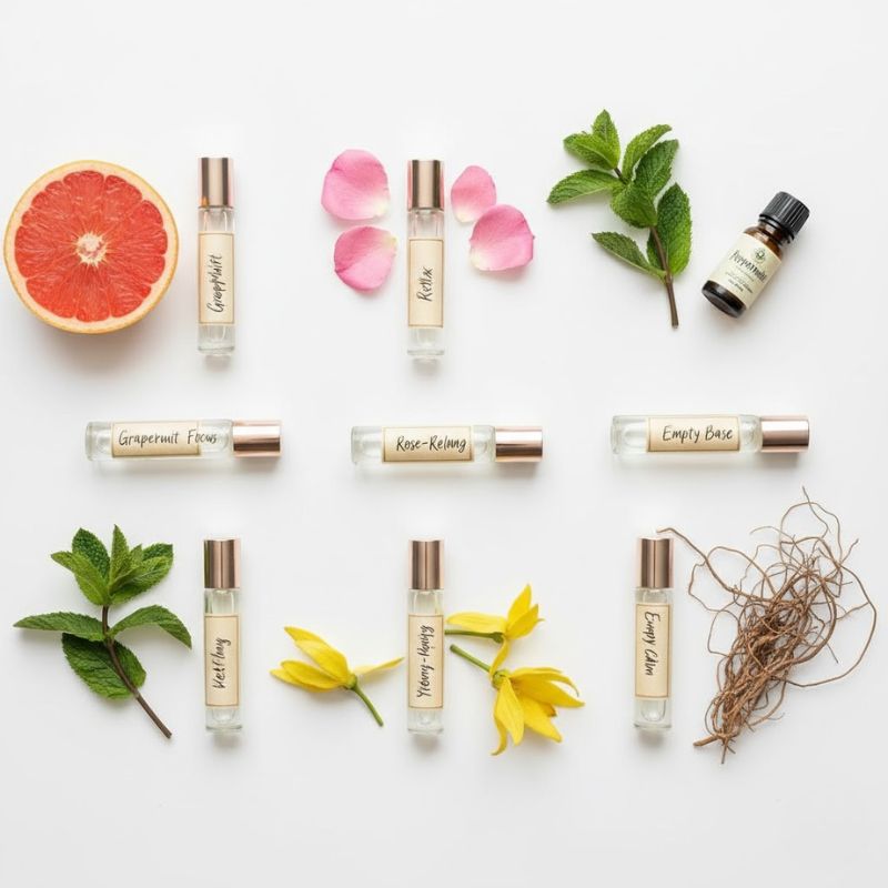 Flatlay mit verschiedenen Roll-on-Fläschchen, ätherischen Ölen, Grapefruit, Minze, Rosenblättern und gelben Blüten auf weißem Hintergrund – natürliche Zutaten für DIY Roll-ons.