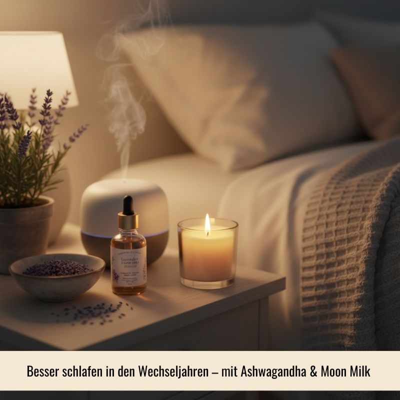 Nachttisch mit Kerze, Lavendelöl und Diffusor im warmen Licht – natürliche Abendroutine mit Ashwagandha und ätherischen Ölen für besseren Schlaf in den Wechseljahren.