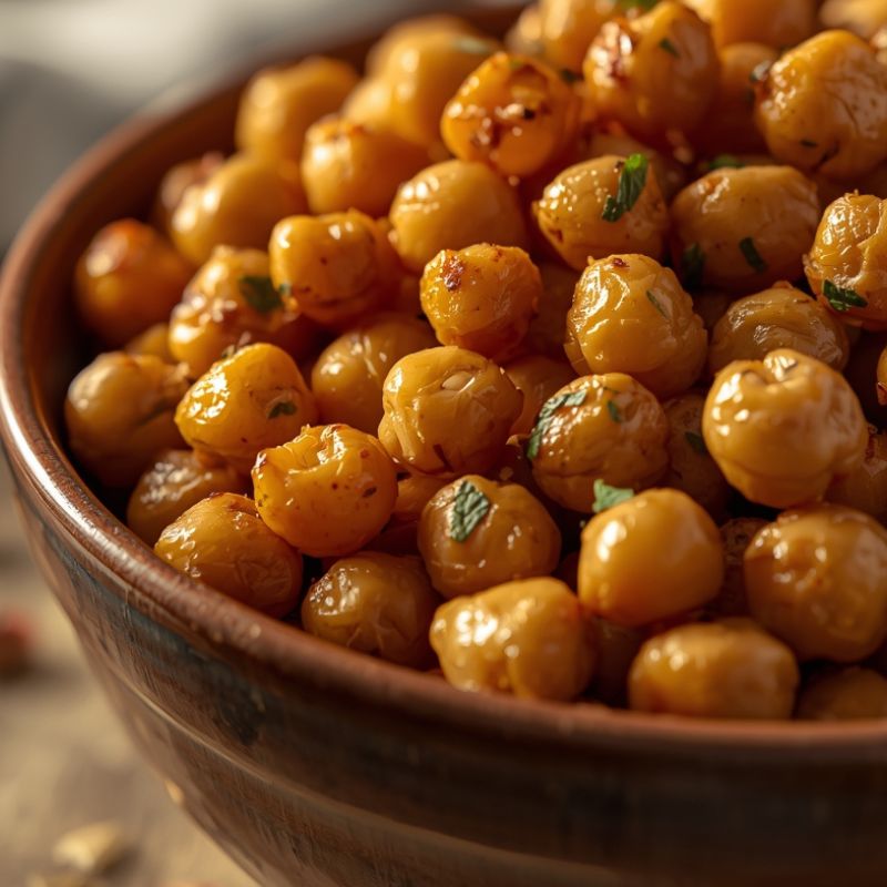 Auf dem Bild siehst du eine Schüssel mit knusprig gerösteten Kichererbsen, gewürzt und goldbraun, als schneller Snack für Silvester oder Partys.