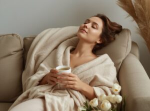 Raus aus dem Gedankenkarussell. Wie du mit Stressabbau & Digital Detox gelassen ins neue Jahr startest Frau entspannt auf dem Sofa mit Tasse Tee, eingekuschelt in eine beige Decke – Symbol für Me-Time und Digital Detox