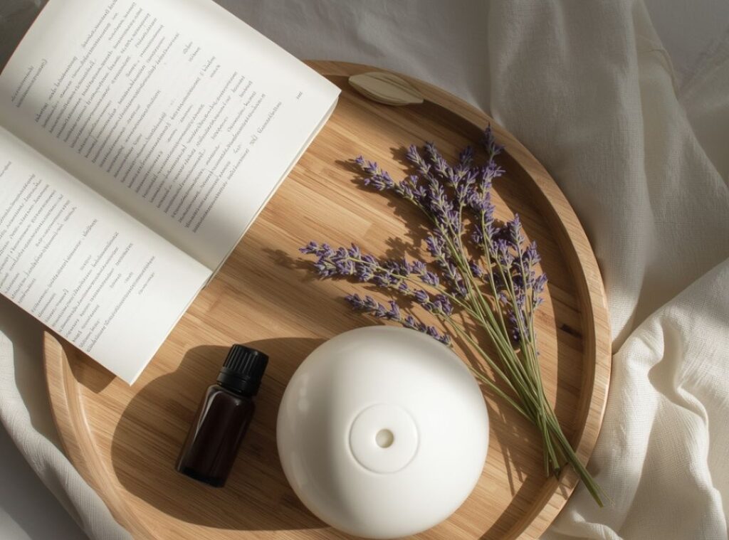 Bambustablett mit Lavendel, ätherischem Öl, Buch und weißem Diffuser im Sonnenlicht – Achtsamkeit und Aromatherapie für Zuhause