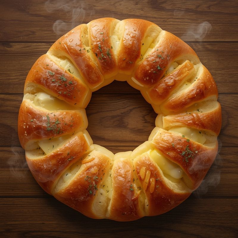 Auf dem Bild siehst du einen warmen, goldbraunen Mozzarella-Knoblauchkranz auf einem Holztisch. Der Käse ist geschmolzen und es steigt leichter Dampf auf – ein perfektes, herzhaftes Partybrot für Silvester.