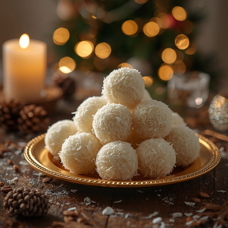 Auf dem Bild siehst du süße Kokosbällchen auf einem goldenen Weihnachtsteller, dekoriert mit Kokosraspeln. Im Hintergrund leuchten Kerzen und ein verschwommener Weihnachtsbaum für eine cozy, festliche Stimmung.