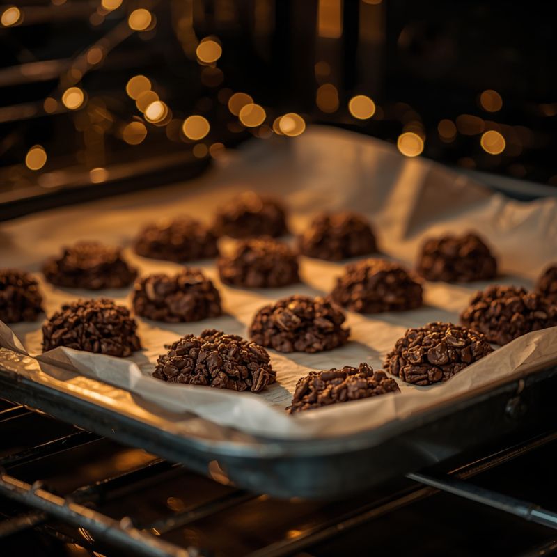 Auf dem Bild siehst du Schoko-Crunch-Häufchen auf einem Backblech im offenen Ofen. Das Backpapier und die warme, weihnachtliche Beleuchtung erzeugen eine cozy, festliche Stimmung.