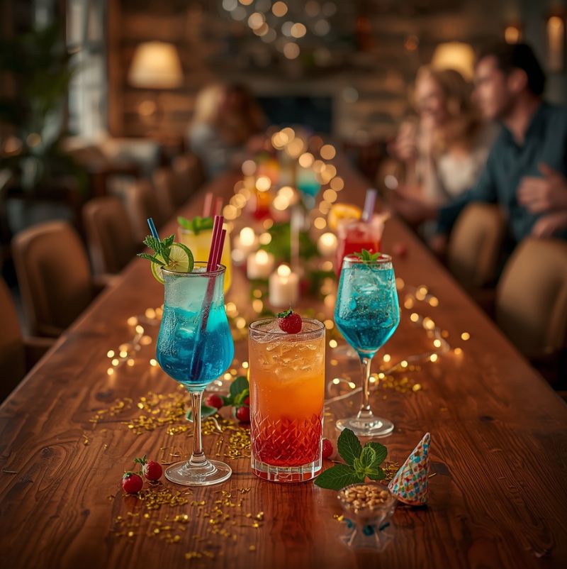 Ein festlich gedeckter Silvester-Tisch mit mehreren farbenfrohen Mocktails, dekoriert mit Zitronenscheiben, Minze und bunten Strohhalmen. Warmes Wohnzimmerlicht, goldene Lichterketten und Menschen im Hintergrund sorgen für eine gemütliche Feieratmosphäre.