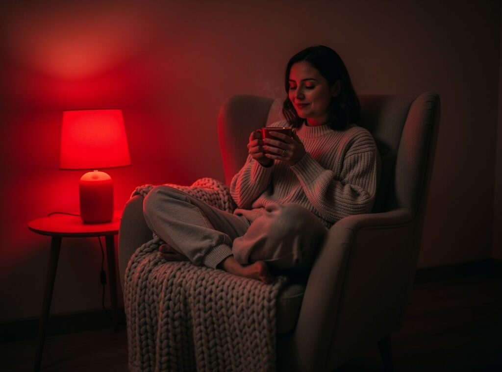 Frau sitzt entspannt im Sessel bei warmem Rotlicht und trinkt eine Tasse Tee – gemütliche Abendroutine für mehr Ruhe