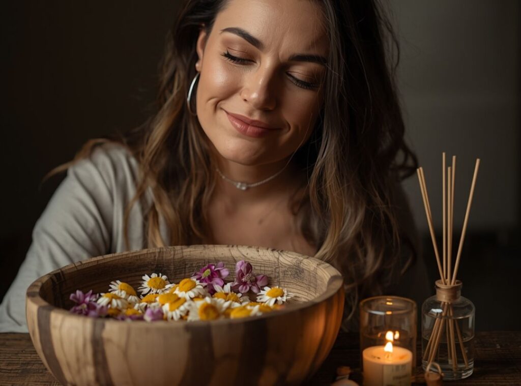Frau lächelt entspannt über einer Schale mit warmem Wasser und Blüten – wohltuendes Selfcare- und Achtsamkeitsritual